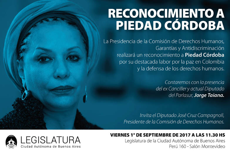 La Legislatura reconocerá a la ex senadora colombiana Piedad Córdoba