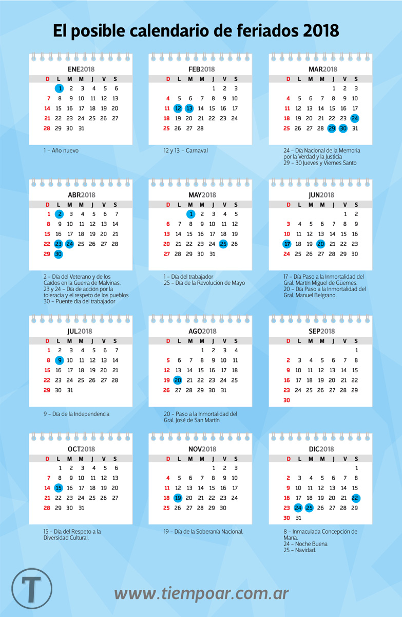 El posible calendario de feriados 2018